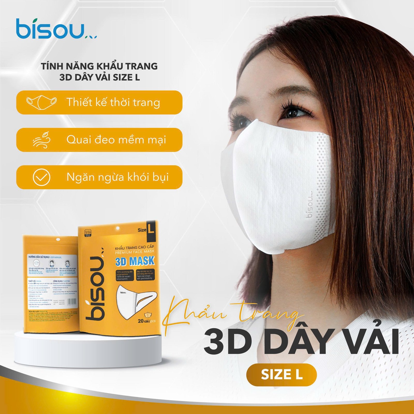 Khẩu Trang Cao Cấp 3D Dây Vải Size L Khẩu Trang Cao Cấp 3D Dây Vải Size L